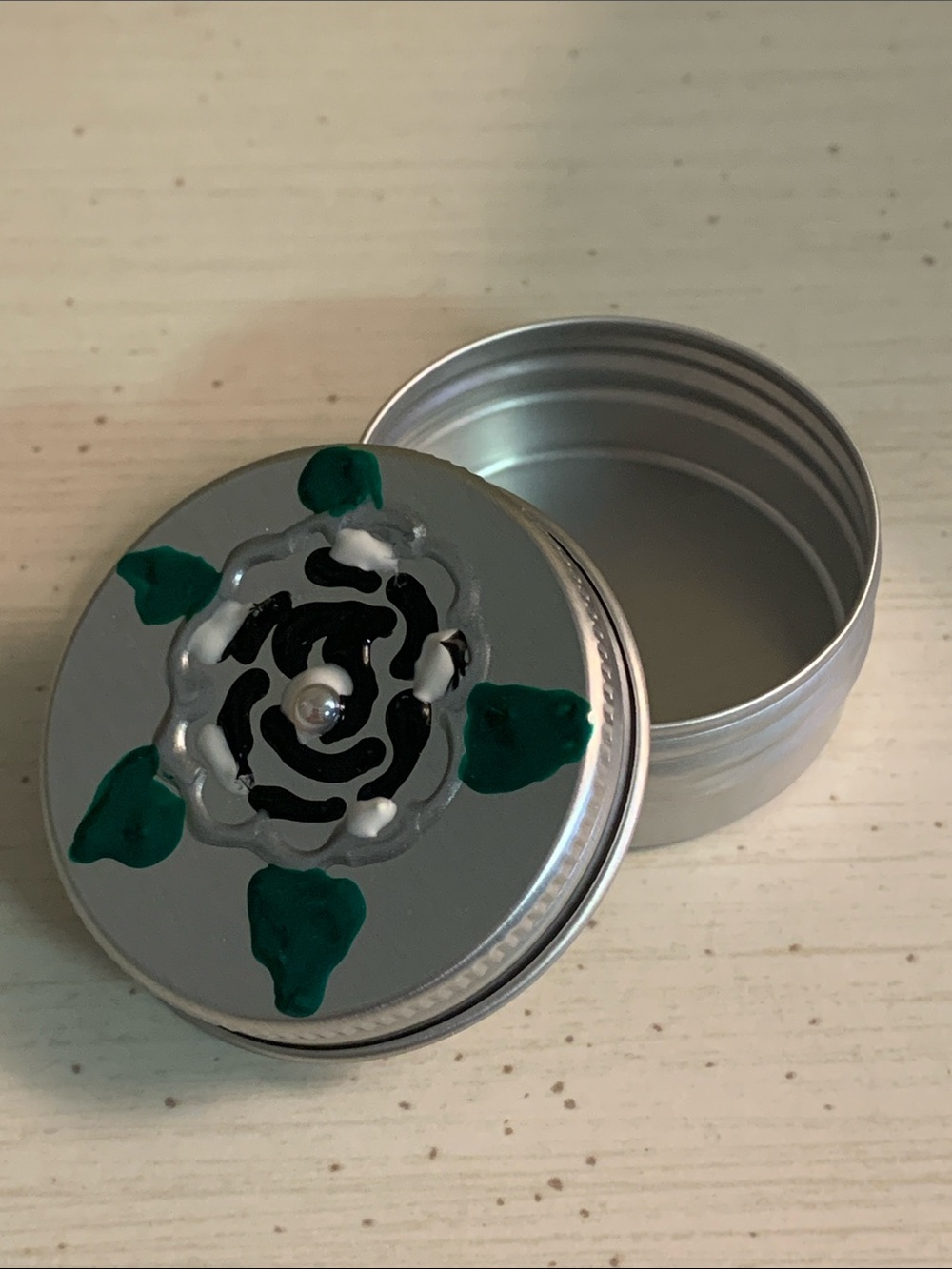 Hand-Painted Silver Metal Tin with Black, White & Green Floral Design